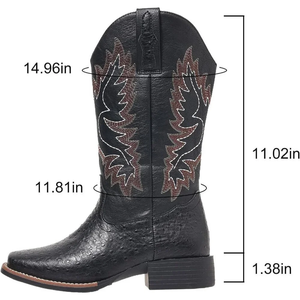 Women Black Western Cowboy Boots for Mid Calf Cowgirl Boot Snip Toe Chunky Heel